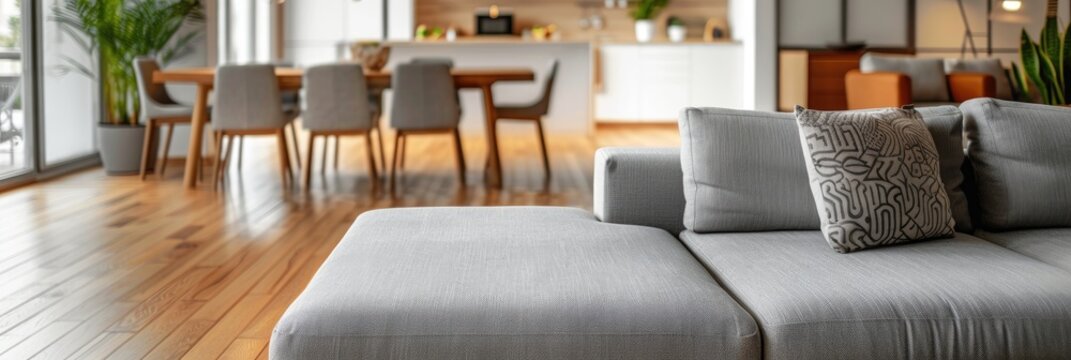 Contemporary sofa in the foreground of a living space featuring a dining table on a hardwood floor.