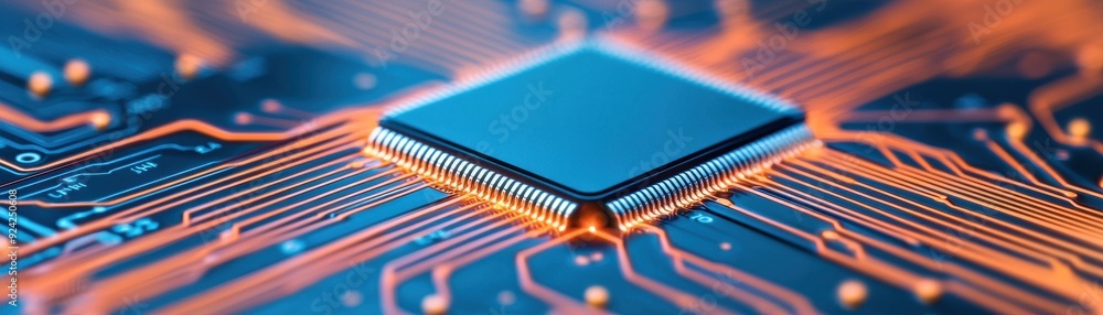 Poster microprocessor on a circuit board, showcasing intricate connections and vibrant colors of modern tec