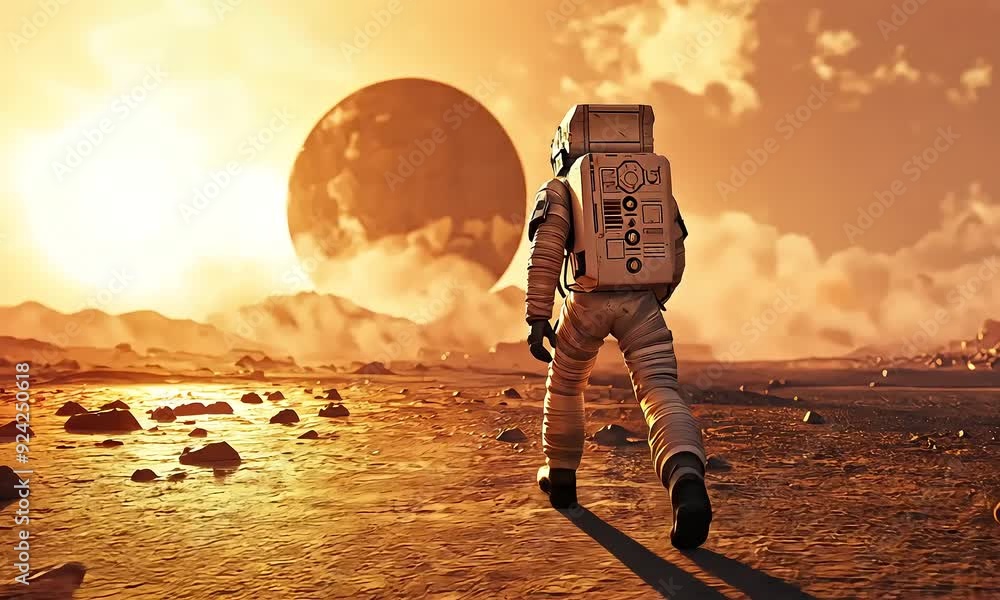 Poster astronaut exploring alien planet at sunset with ai generated.