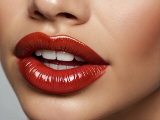 Fototapeta premium Close-up of a Woman's Red Lips with Glossy Finish