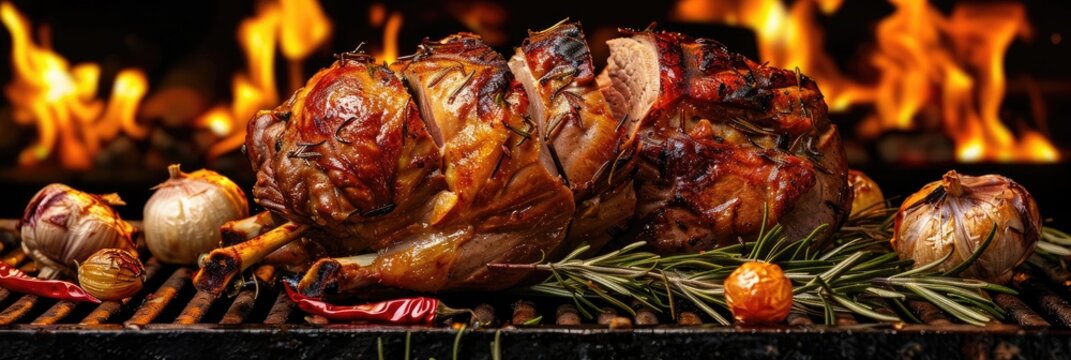 Catering service featuring a barbecue grill with flames, showcasing whole roasted lamb and pig alongside a variety of meats and vegetables.