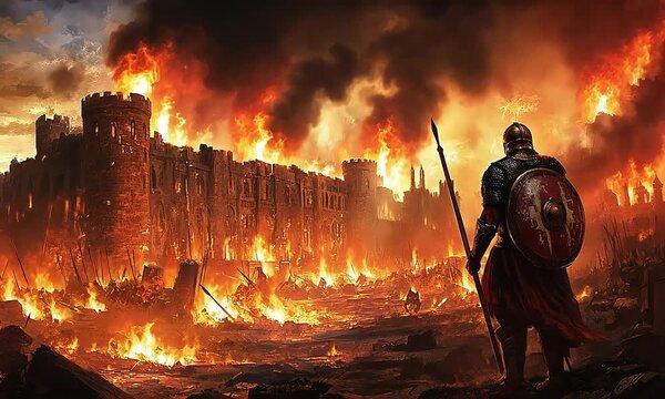 Knight Witnessing Castle in Flames During Battle with ai generated.
