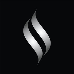 This is a simple logo image of a letter s in silver color that looks like a flame in a black background