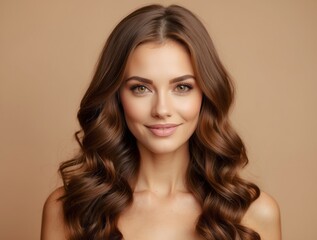 Naklejka premium Portrait of a Woman with Long Brown Wavy Hair and a Soft Smile