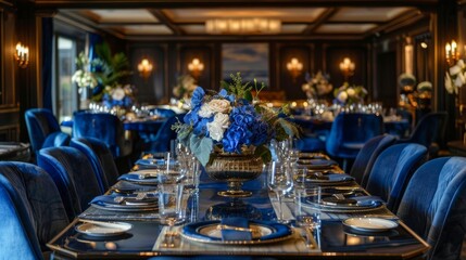 A grand dining hall adorned with decadent velvet ds in a royal blue hue creating an inviting and intimate atmosphere for dinner parties.