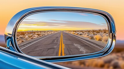 Fototapeta premium Rearview mirror of a classic car reflecting a deserted road, soft focus background, vintage film effect, muted colors, sun setting in the distance