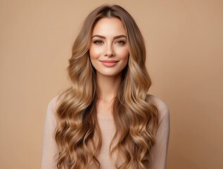 Naklejka premium Portrait of a Smiling Woman with Long Blonde Wavy Hair