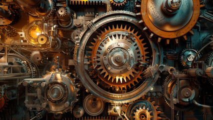 Intricate Abstract Factory Scene with Interwoven Gears, Machinery Parts, and Metallic Vibrant Colors Highlighting Industrial Complexity