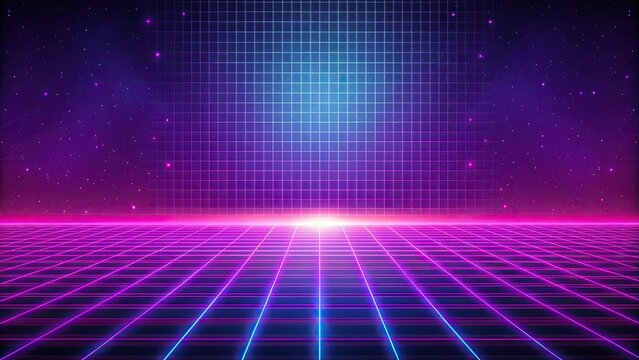 Retrowave synthwave background with purple and magenta neon grid, retro, 80s, vintage, electronic, grid