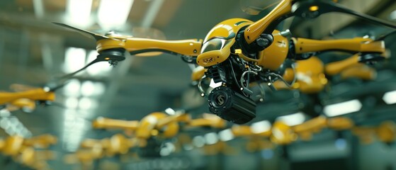Fototapeta premium A futuristic scene showcasing multiple yellow drones in flight, highlighting advanced technology and innovation in the aerospace industry.