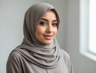 Close-up Portrait of a Woman Wearing a Grey Hijab