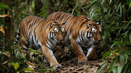 Obraz premium A pair of Bengal tigers prowling through the dense underbrush of a rainforest