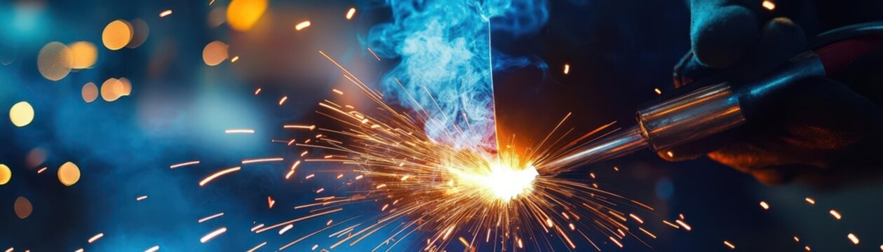 Welding in factory, focus on, copy space, bright hues, double exposure silhouette with sparks