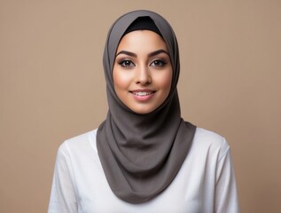 Portrait of a Smiling Woman Wearing a Grey Hijab