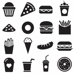 Vector illustration of Black and white silhouette fast food icons set 