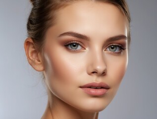 Naklejka premium Close-up Portrait of a Young Woman with Green Eyes and Soft Makeup