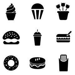 Vector illustration of Black and white silhouette fast food icons set 