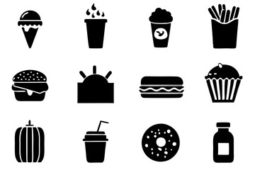 Vector illustration of Black and white silhouette fast food icons set 