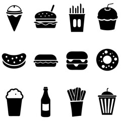 Vector illustration of Black and white silhouette fast food icons set 