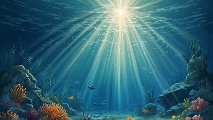 Obraz premium Beautiful underwater scene with rays of sunlight and marine life