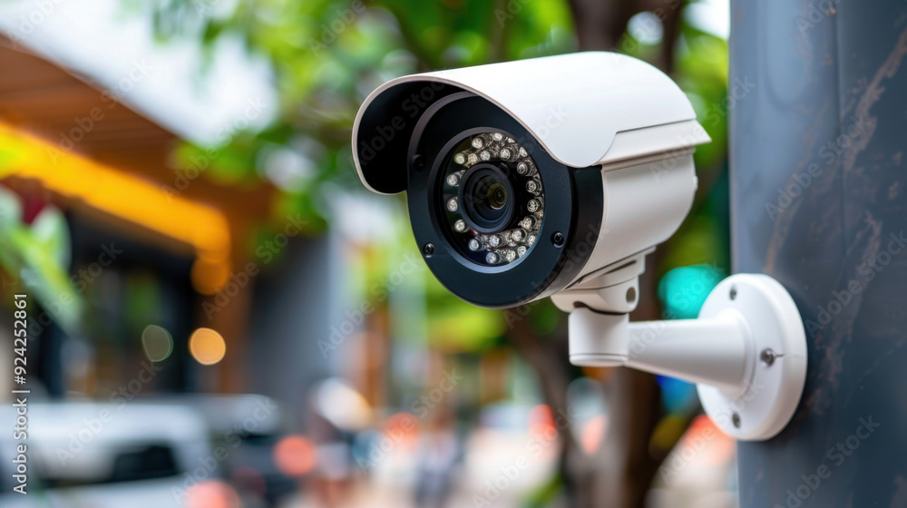 Poster close-up of a white security camera mounted on a pole in an urban setting, monitoring activity on a 