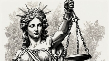 Obraz premium Sketch of Liberty Lady holding balance scales in grayscale