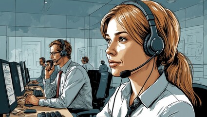 Customer service agents with headsets working at call center