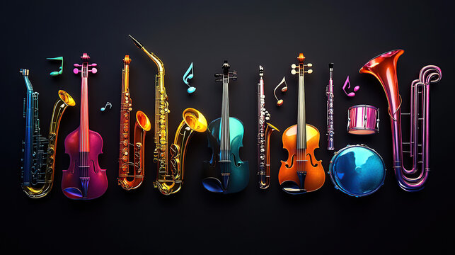 A colorful music band of musical instruments on a black background