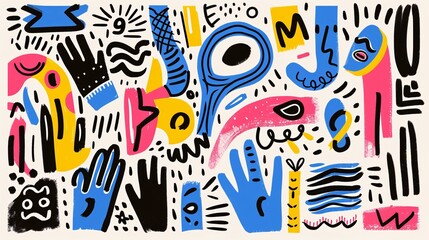 A vibrant abstract composition featuring playful shapes, lines, and colors.