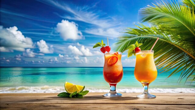 Tropical beach refreshment with two summer cocktails , beach, tropical, refreshment, cocktails, drink, sea, ocean