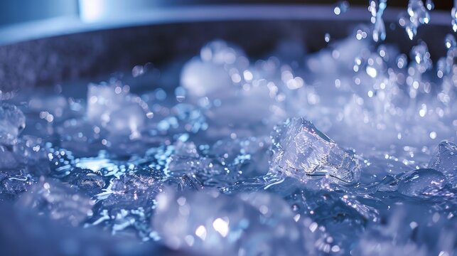 A closeup of the ice bath glistening with cold water while the guided meditation plays in the background.