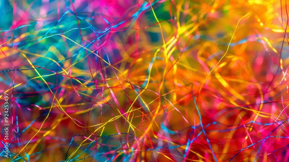 Poster a burst of vibrant colors in a tangled mass of lines resembling the energy and activity of a cellula