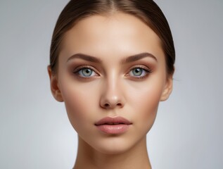 Obraz premium Close-up Portrait of a Young Woman with Soft Makeup and Blue Eyes