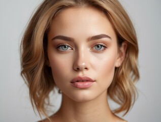 Fototapeta premium Close-up Portrait of a Young Woman with Blonde Hair and Blue Eyes
