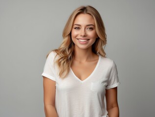 Obraz premium Portrait of a Smiling Woman with Blonde Hair Wearing a White T-Shirt