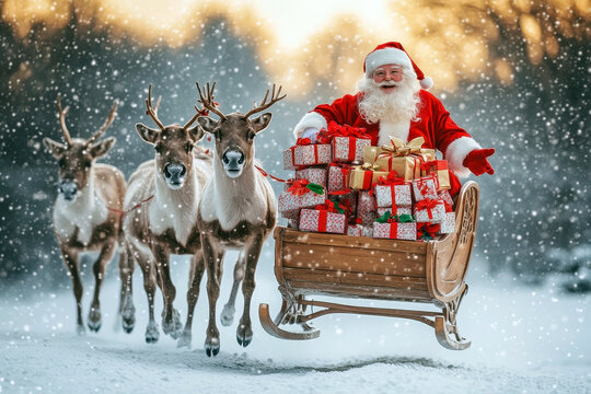 Santa Claus delivering gifts in a snow-covered forest with reindeer