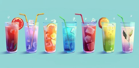 Fototapeta premium Trio of glasses featuring different colored drinks topped with a strawberry. Assortment of fruity refreshments. Food and beverage concept