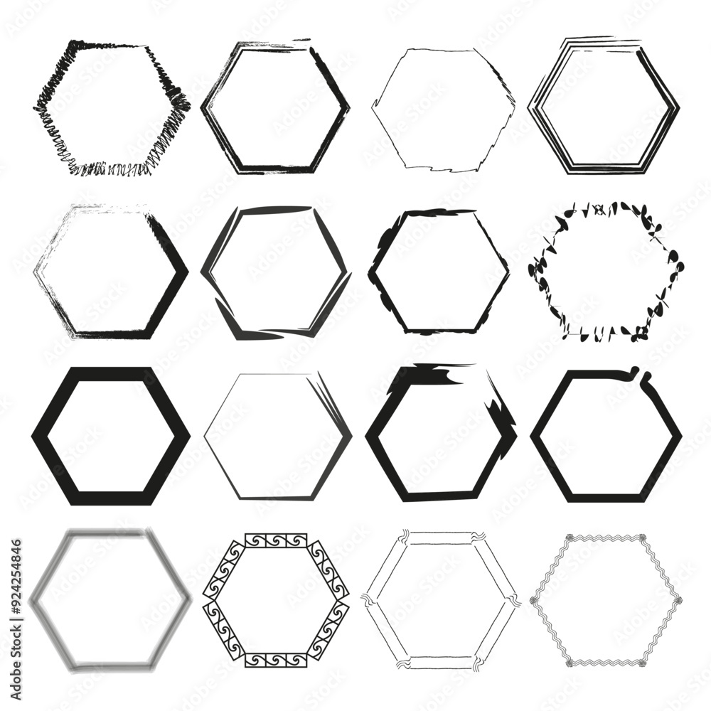Poster set of hexagon frames. various decorative hexagon borders. black and white abstract vector art.