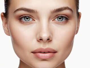 Obraz premium Close-up Portrait of a Woman with Blue Eyes and Soft Makeup