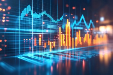 Glowing Financial Graphs with Blue and Orange Data Points Representing Market Trends Economic Growth and the Future of Finance in a Data Driven World