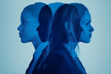 Dual profile of young women in blue tones exploring themes of identity and connection