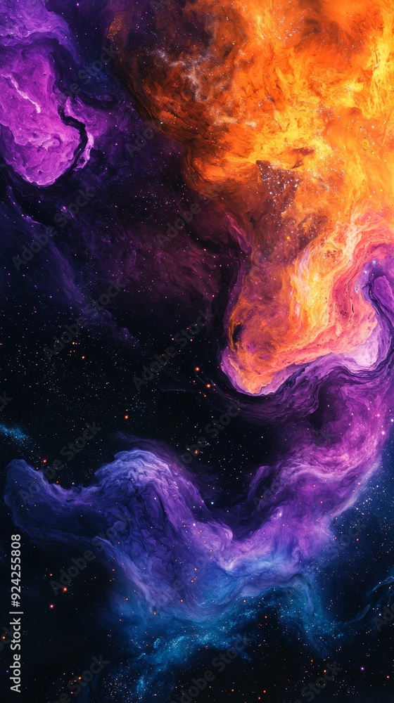 Poster abstract space image depicting colorful cosmic clouds swirling together, creating a beautiful and et