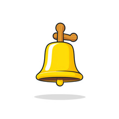 Cartoon illustration of a shiny yellow bell with a wooden handle, isolated on a transparent background.