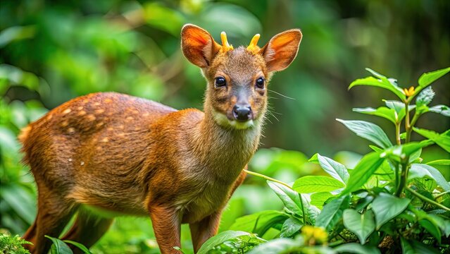 Tiny male southern pudu, a small brown Asian deer, feeds on lush green leaves in its natural forest habitat in China, surrounded by dense vegetation.