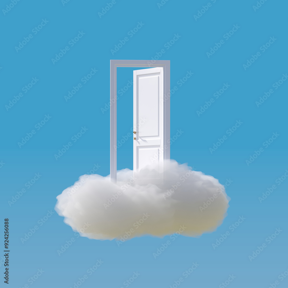 Poster a white open door put on cloud isolate on blue sky background. 3d rendering. minimal creative idea c