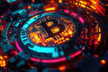 A Glowing Digital Landscape: Bitcoin's Futuristic Core Revealed Through Vibrant Colors and Intricate Patterns of Technology