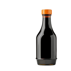 Soy sauce in glass bottle with orange cap, isolated on transparent background
