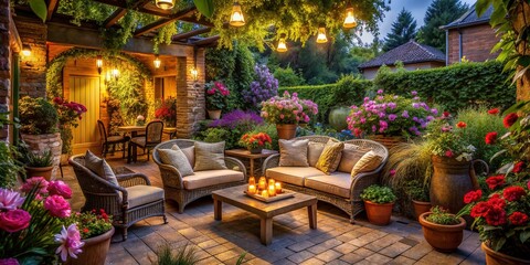 Obraz premium Serenely lit patio surrounded by lush greenery, vibrant flowers, and rustic decor, evoking feelings of tranquility and rejuvenation in a peaceful outdoor oasis.