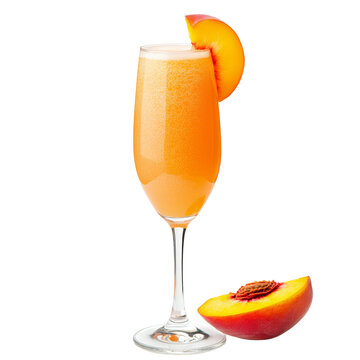 Refreshing peach bellini cocktail with fresh peach slice, isolated on a transparent background.
