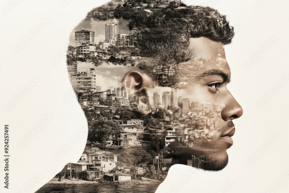 Poster mans profile blended with architectural structures showcasing the integration of individuality and s